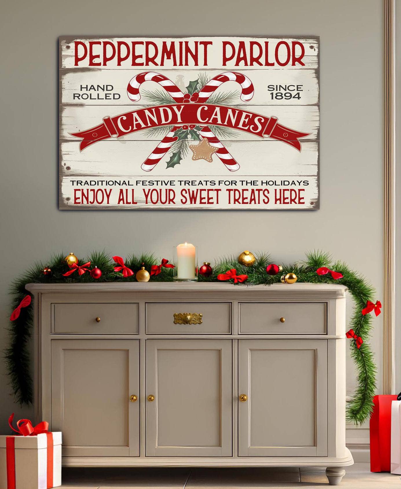 Vintage Christmas Candy Cane Canvas & Faux Wood Sign