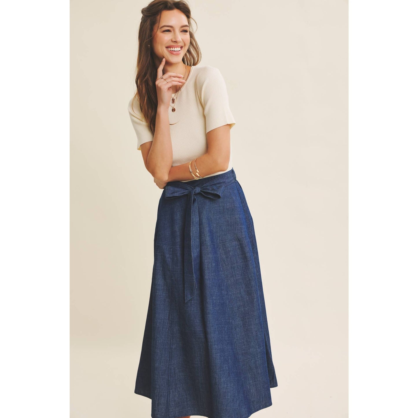 EFFORTLESS MIX OF COZY AND POLISHED TWOFER DENIM DRESS