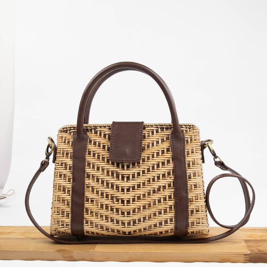 Medium Rattan Handbag with Leather Trim