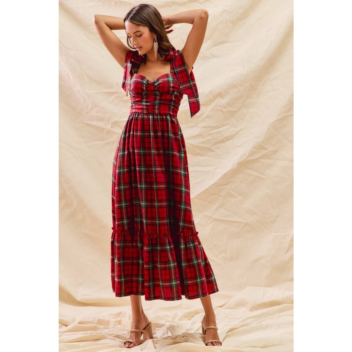 Christmas Check Plaid Woven Holiday Midi Dress