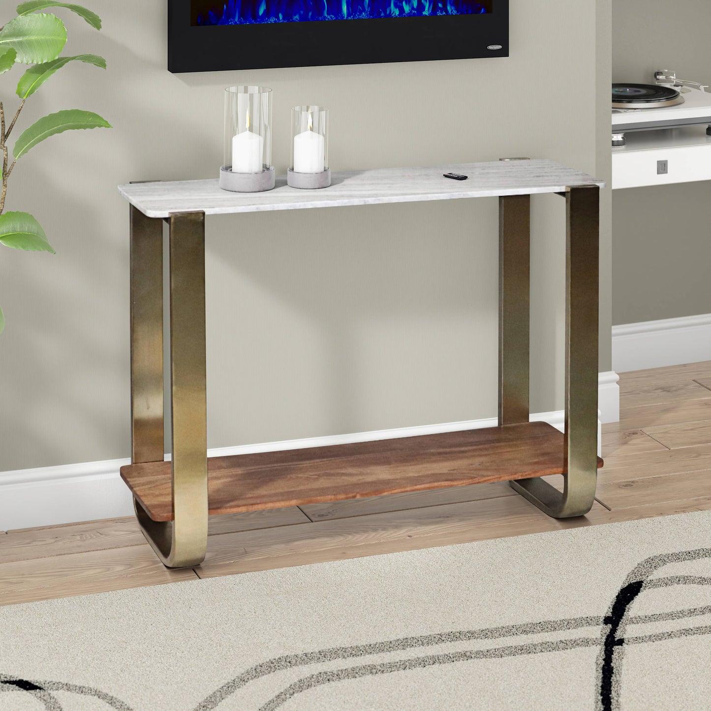 31 in. Gold Iron & Marble Top Console Table
