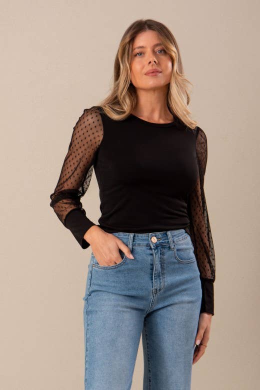 Mesh Top with Tulle Sleeves