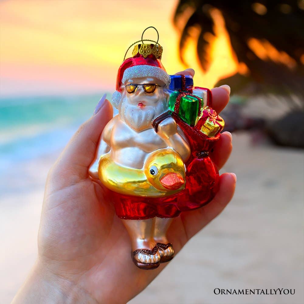 Santa on Summer Vacation in the Pool Quirky Glass Ornament