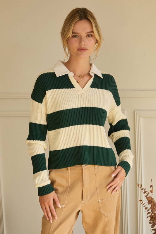 Striped Ribbed Knit Polo Shirt