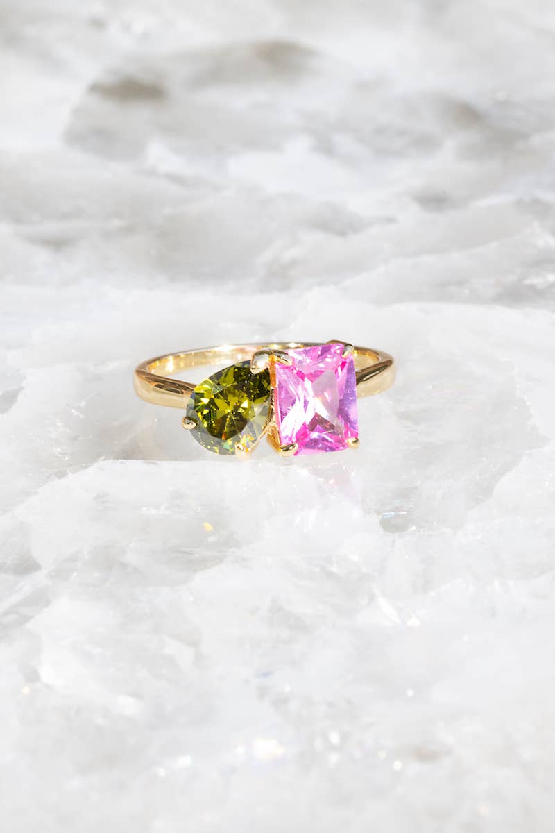 Perfect Pair Ring - Pink and Peridot CZ, 14K Gold Vermeil