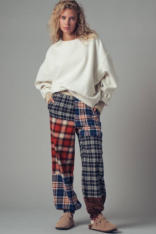 Mixed Plaid Patchwork Boho Jogger Pants