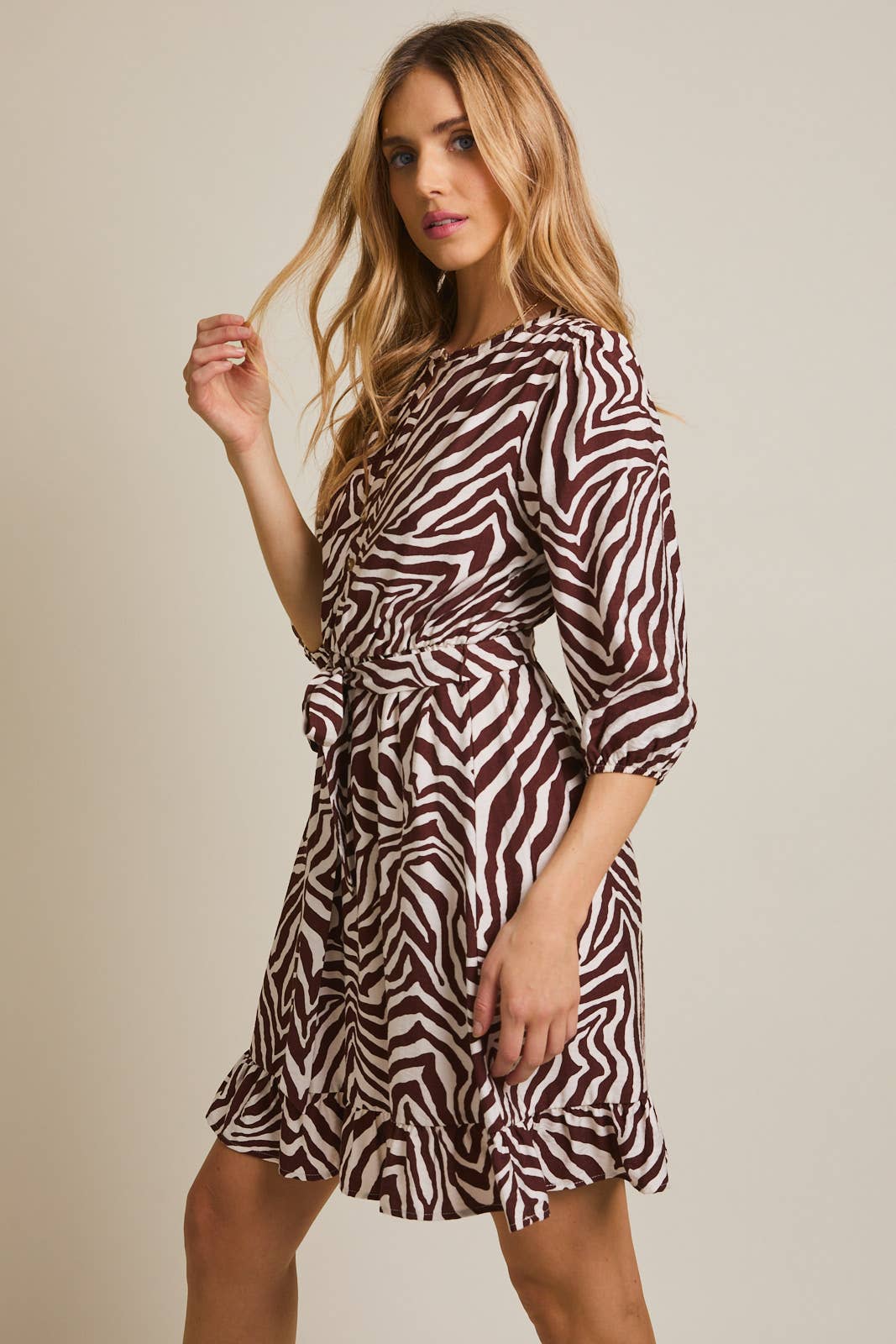 ROUND NECK 3/4 SLEEVE WAIST TIE ZEBRA DRESS