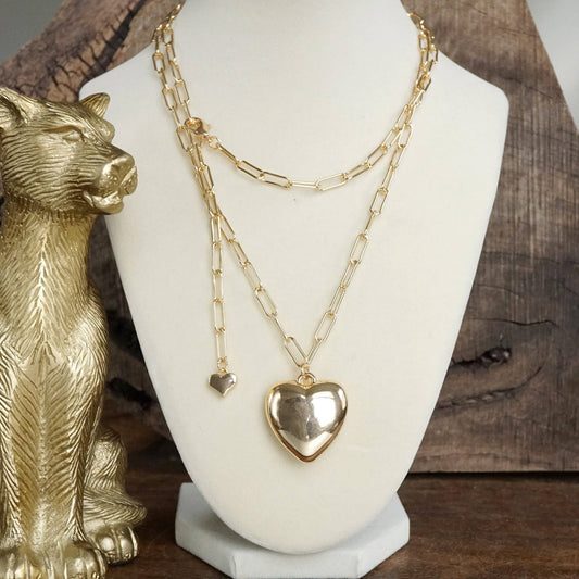 Long Puffy Heart Paperclip Chain Necklace – Gold Tone