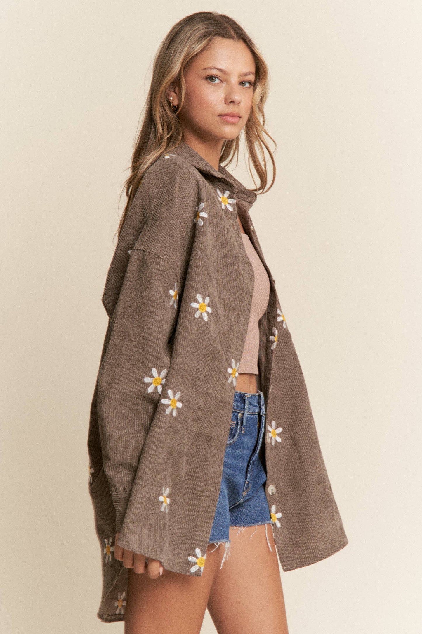 Floral Embroidered Button Down Shacket S-L