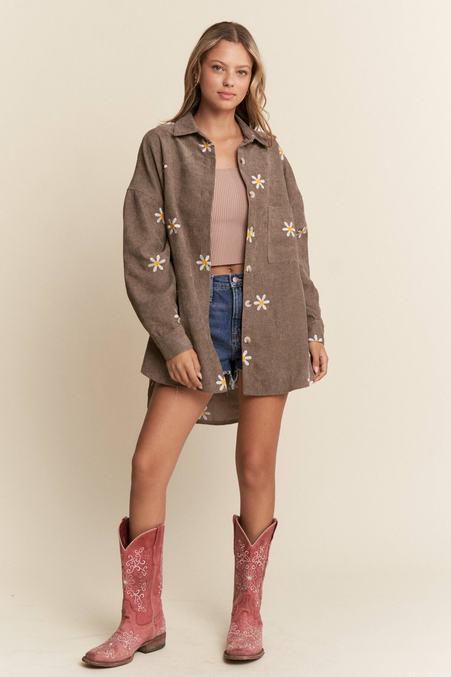 Floral Embroidered Button Down Shacket S-L