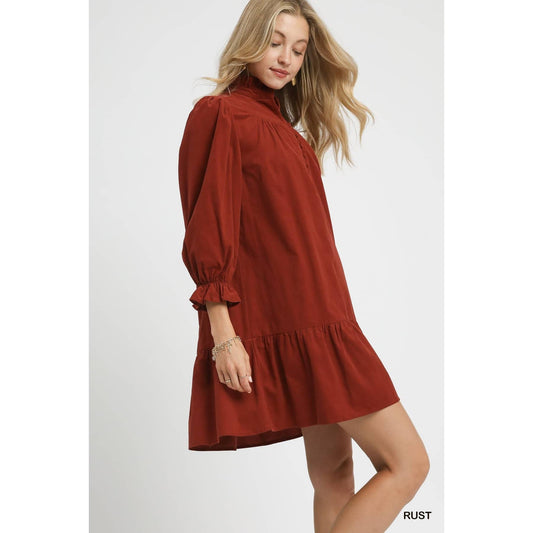 Corduroy Ruffle Mock Neck Puff Sleeve Tiered Dress