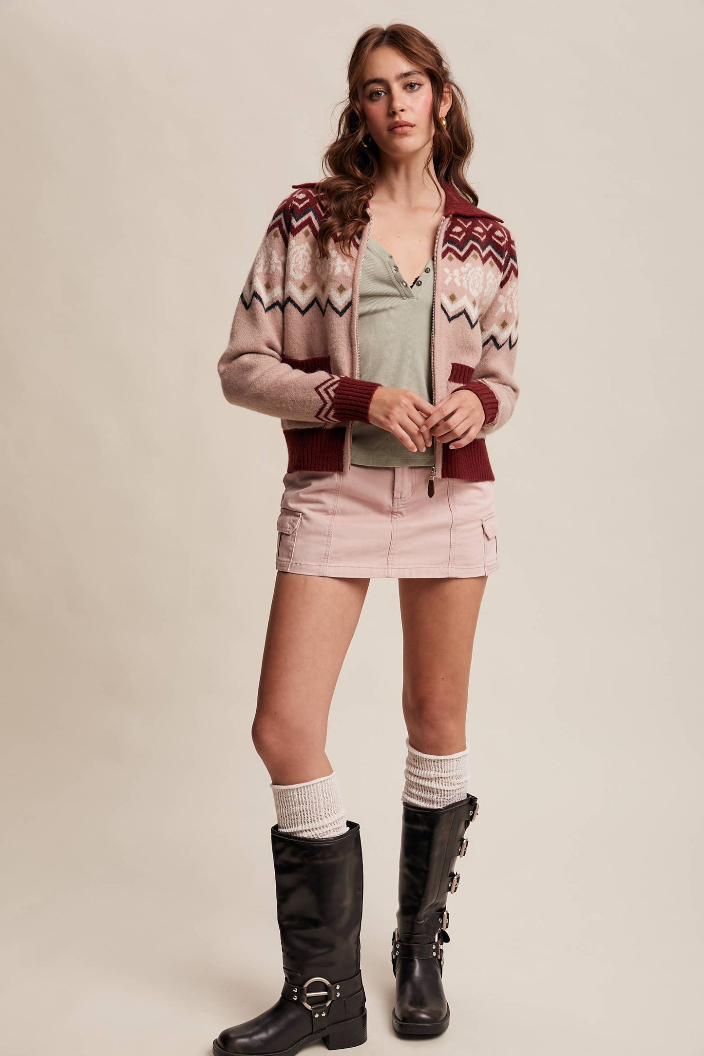 Retro Floral Knit Zip-Up Cardigan