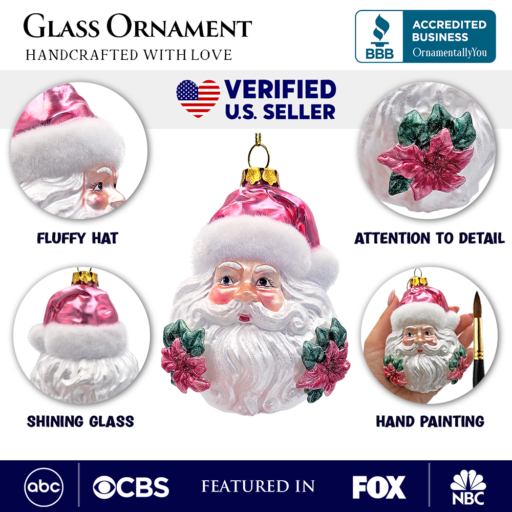 Enchanting Pink Santa Head Glass Ornament, Vintage Christmas