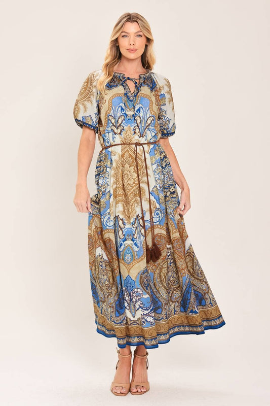 Blue & Sand Paisley Woven Midi Dress