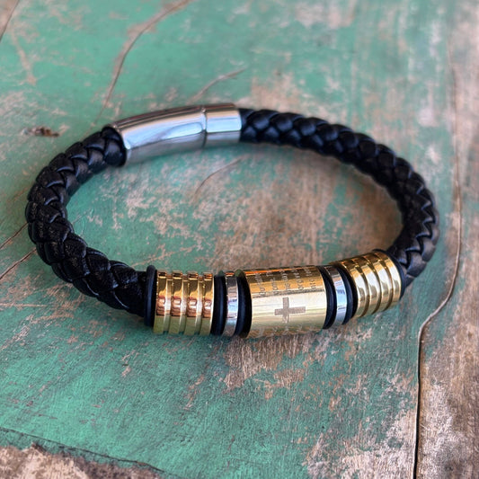 Our Father Two Tone Stainless Steel Leather Bracelet
