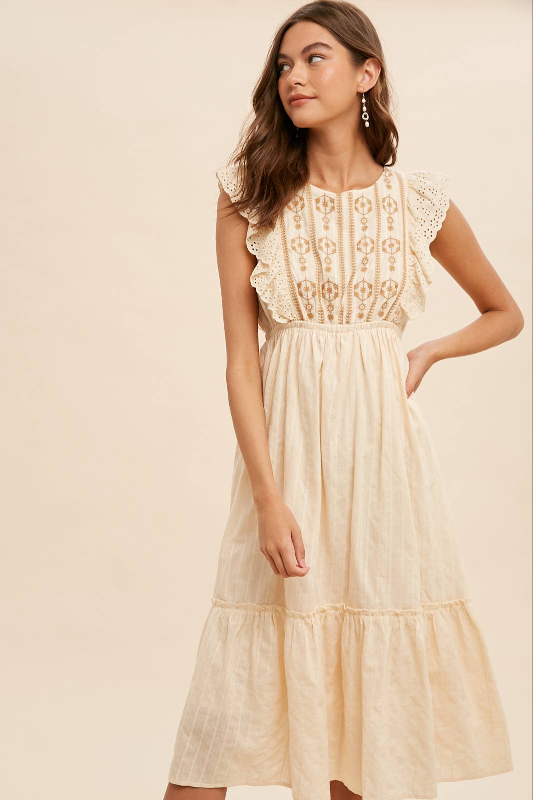 EYELET FLUTTER SLEEVE EMBROIDERED MIDI DRESS