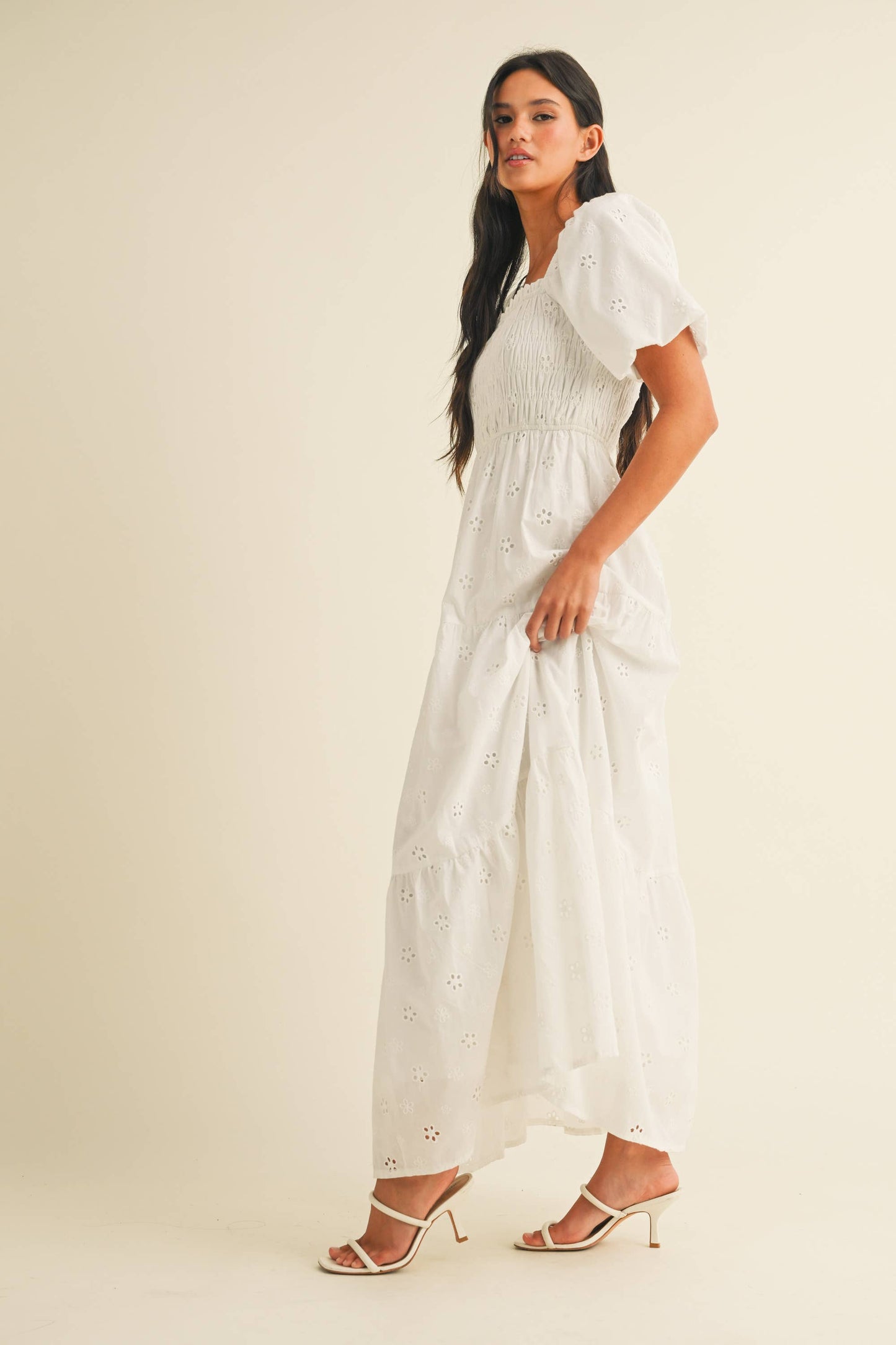 ID8852 EYELET PUFF SLEEVES MIDI DRESS WITH SMOCKING
