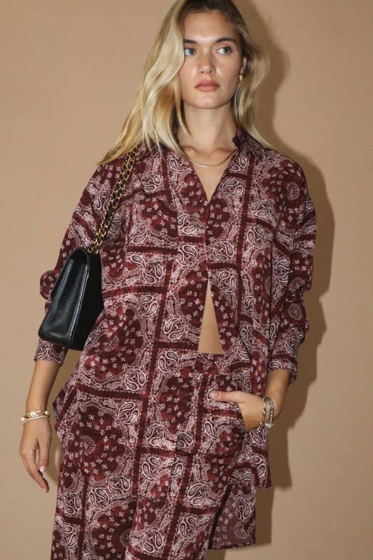 Satin Button Up Shirt with Bandana Print