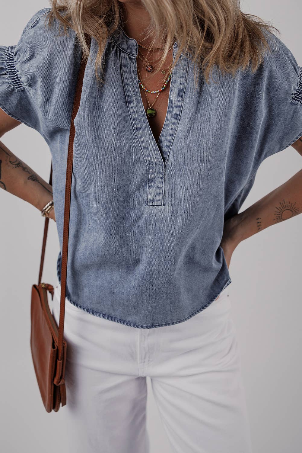 Ruffled Short Puff Sleeve Denim Top | S-XL