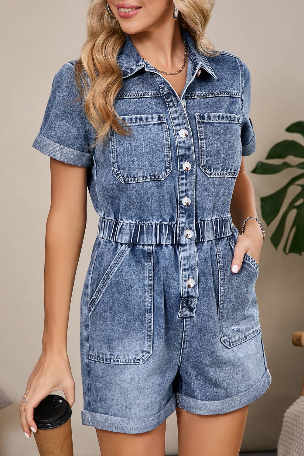 Chest Pocket Front Buttoned Short Sleeve Denim Romper | S-XL