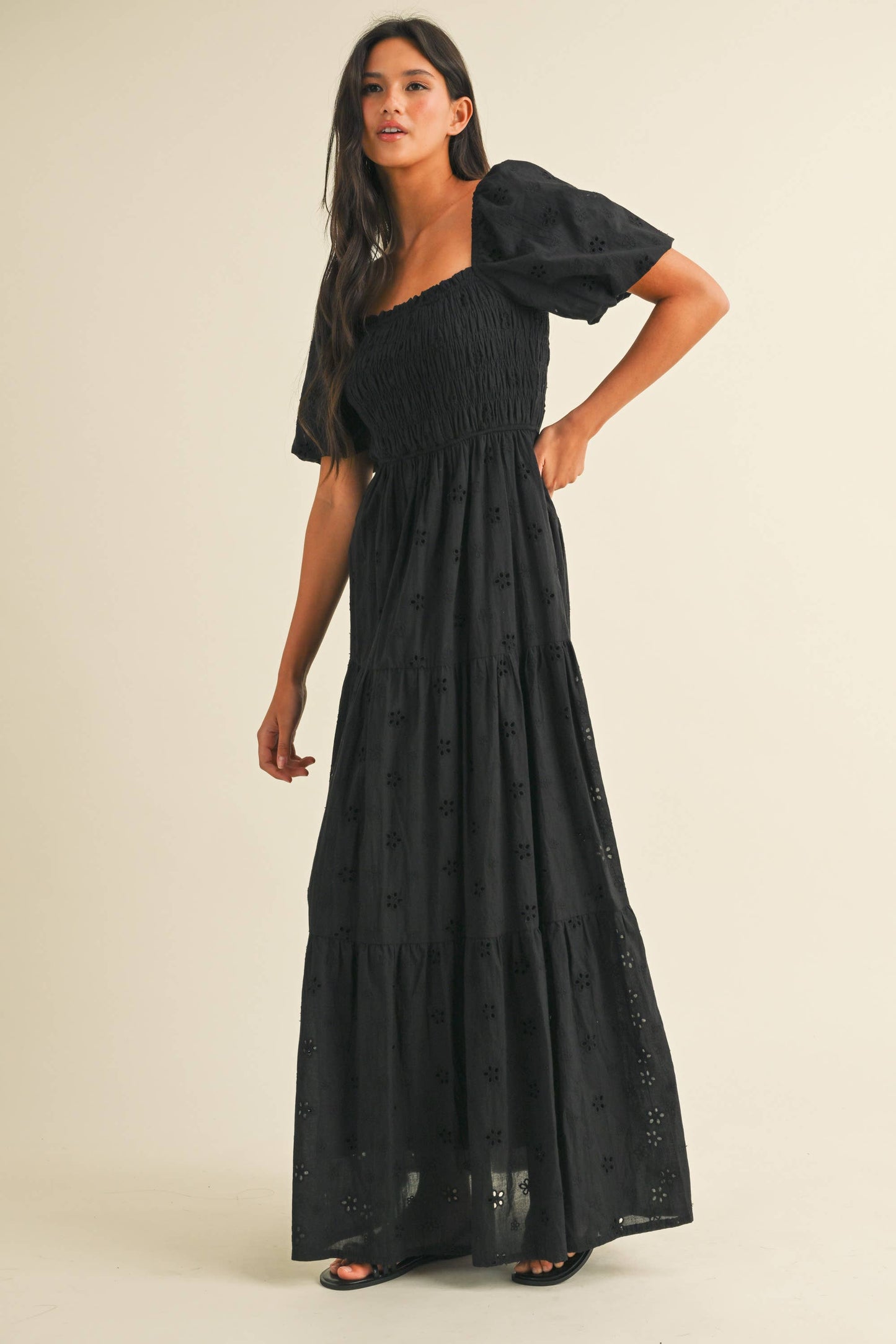 ID8852 EYELET PUFF SLEEVES MIDI DRESS WITH SMOCKING