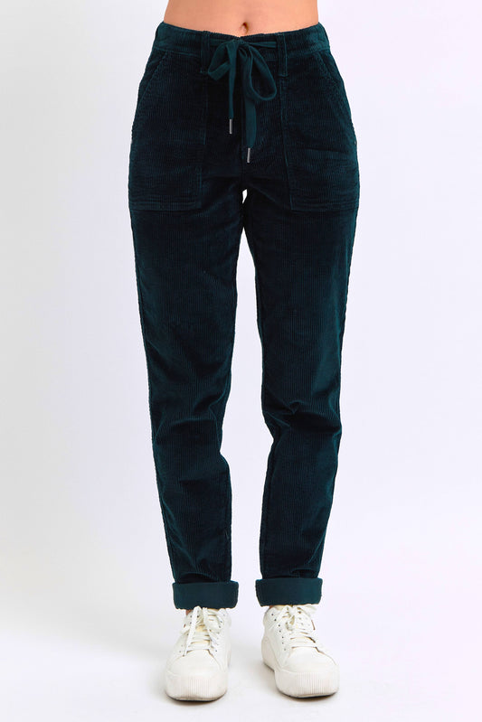 High Waist Corduroy Drawstring Cuffed Jogger Pants - Emerald Green