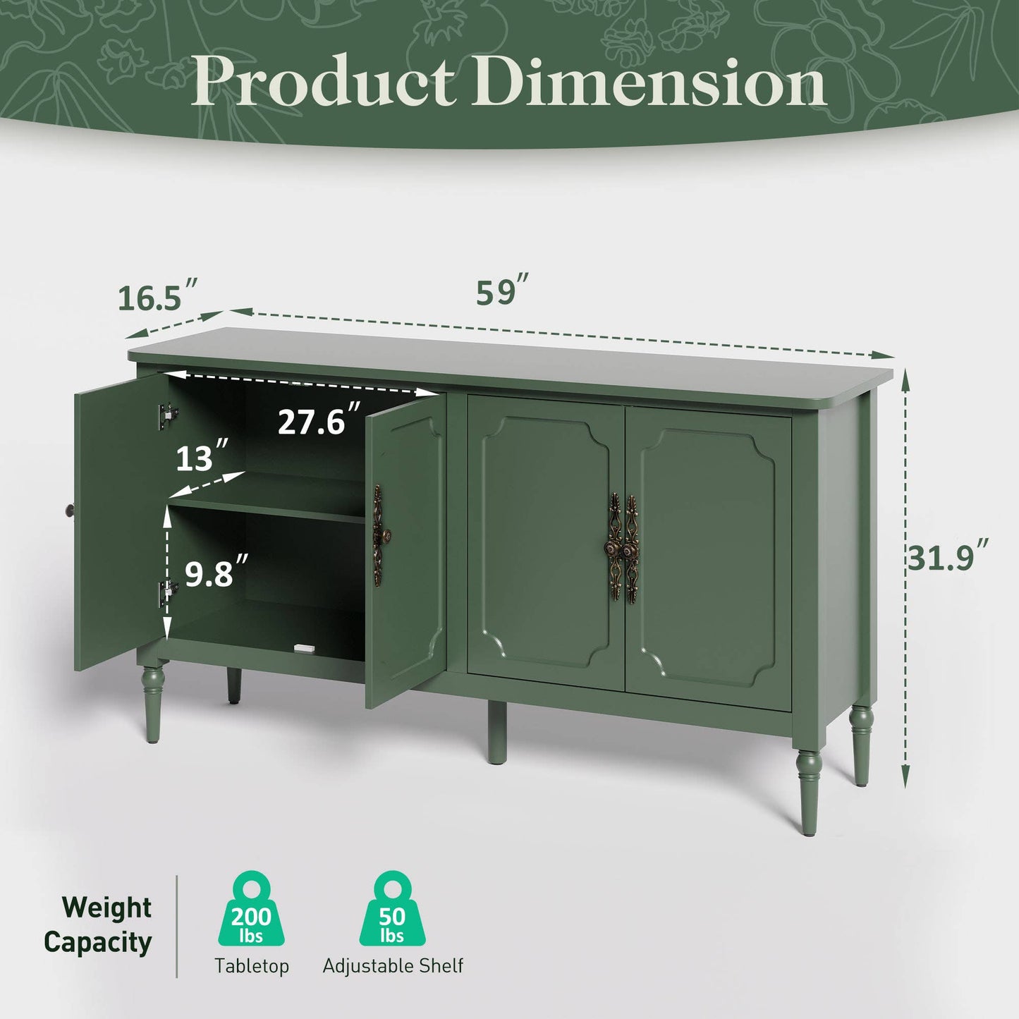 Console Cabinet, 58'' Mid Century Modern Pantry Cabinet