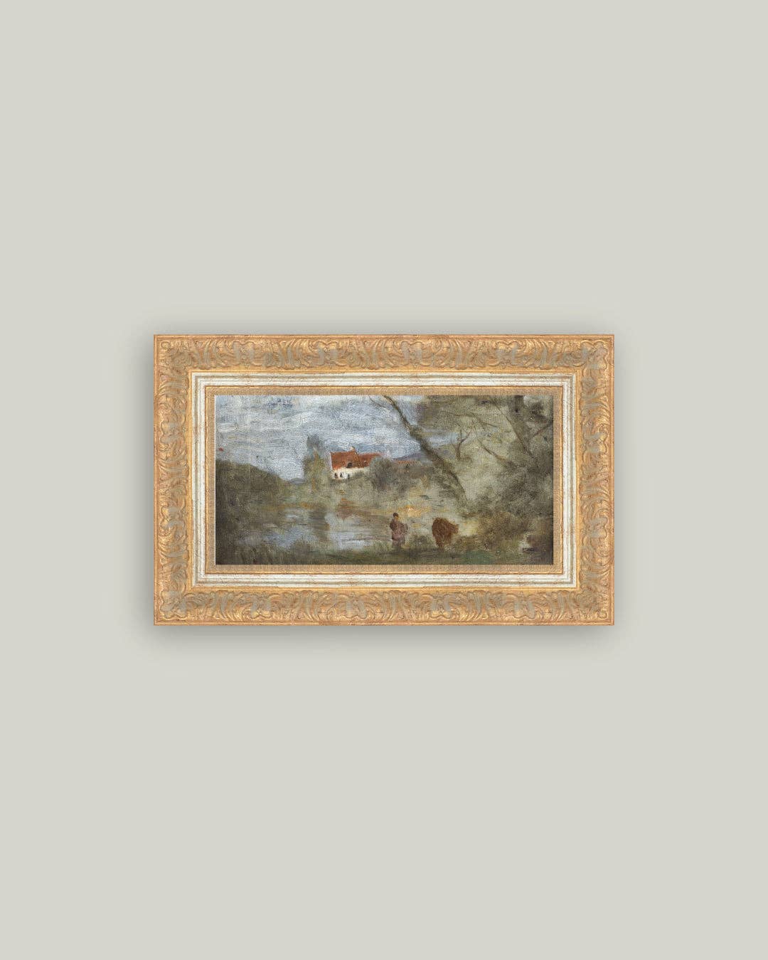 Cowherd by the Pond Framed Antique Art