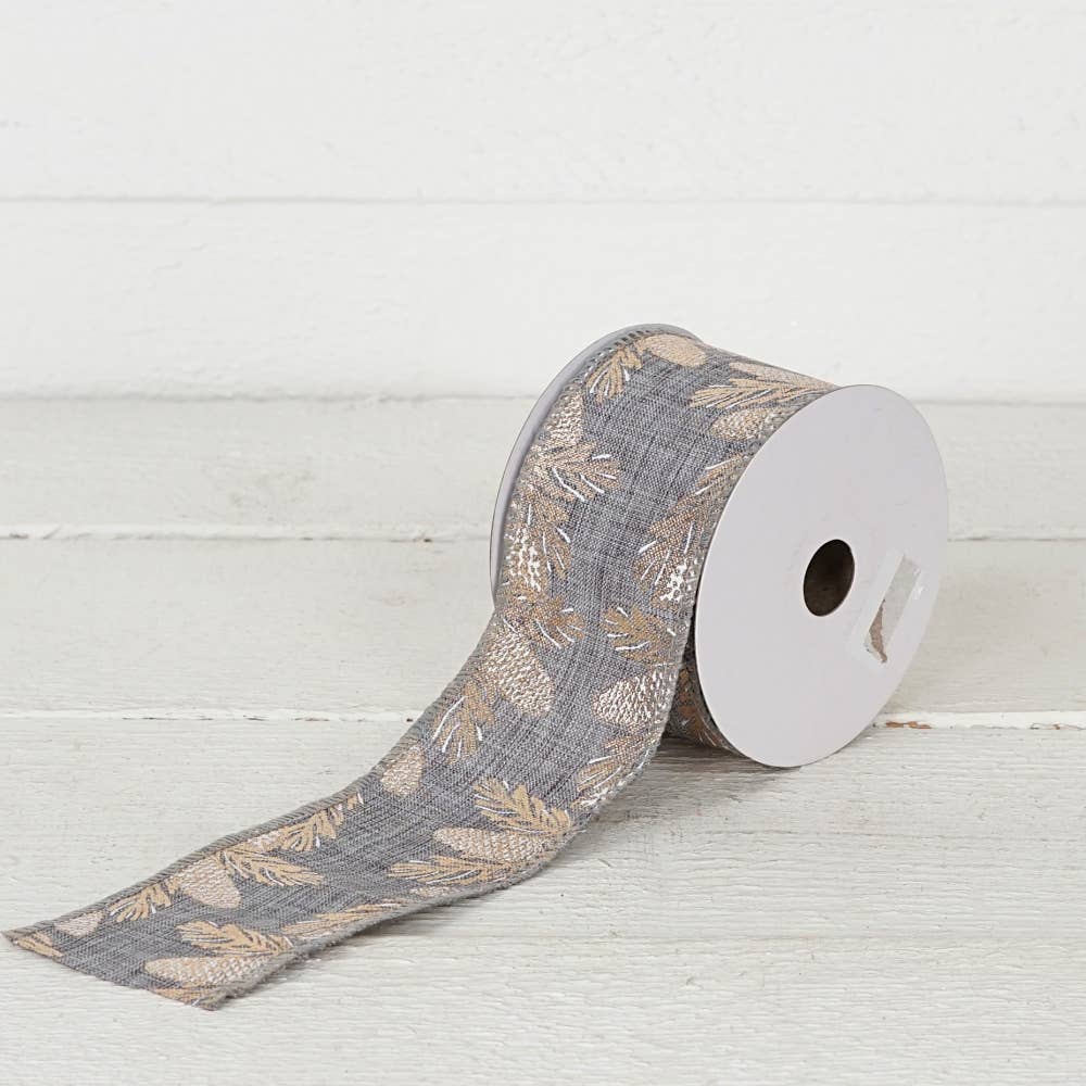 R32927-Wired Ribbon-Gray Burlap with pinecones (2.5inW)