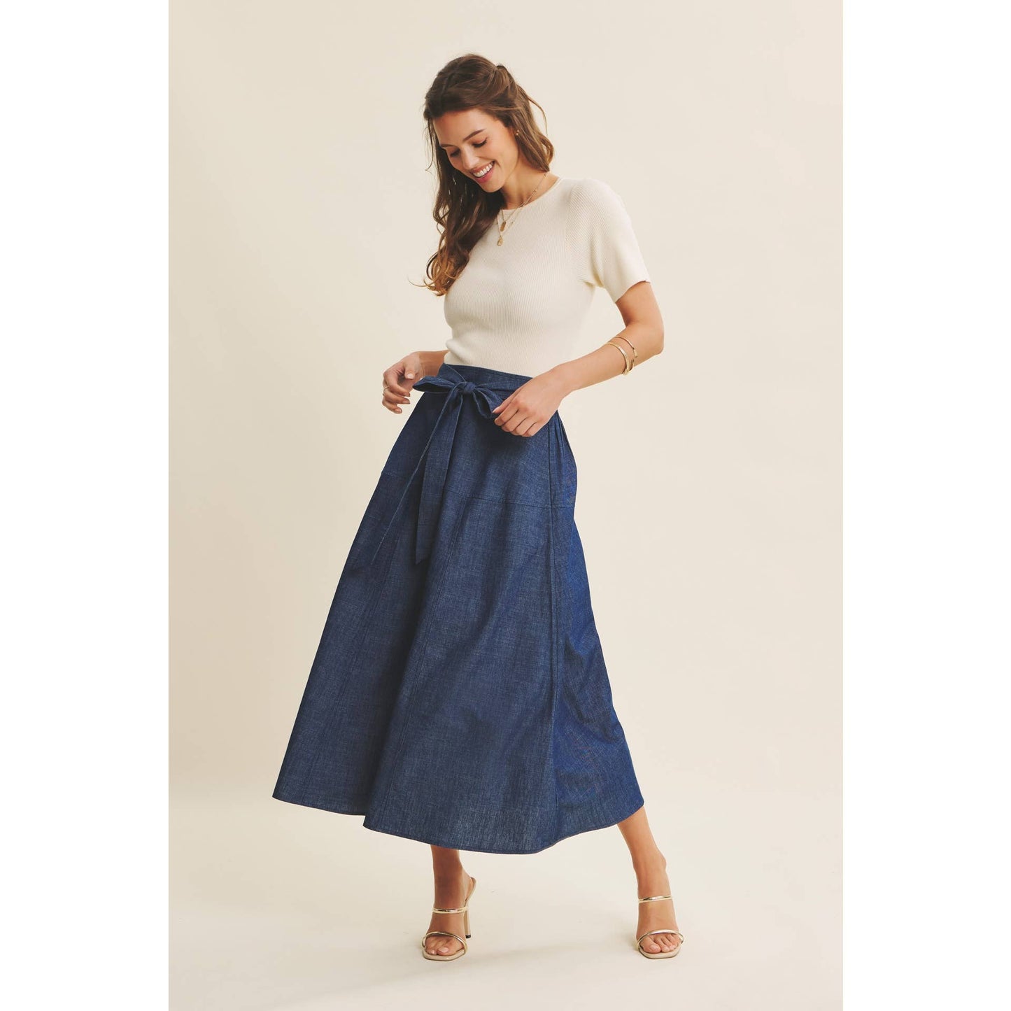 EFFORTLESS MIX OF COZY AND POLISHED TWOFER DENIM DRESS