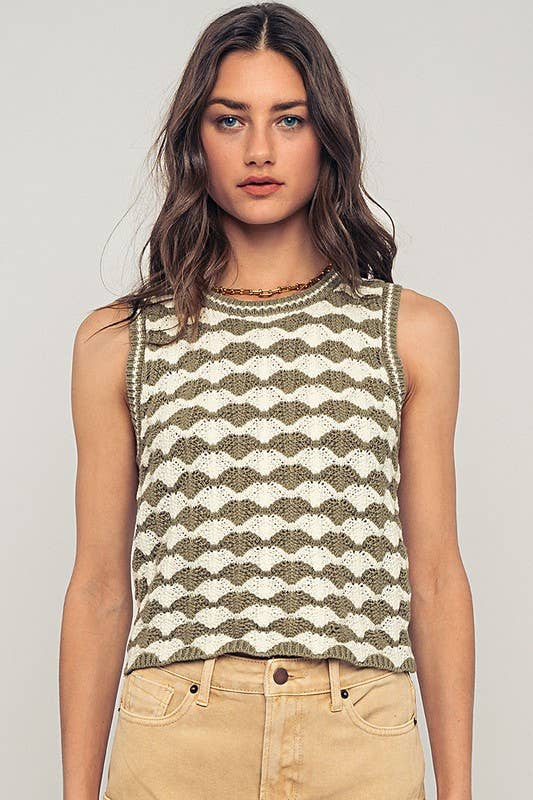 Scallop Crochet Contrast Trim Crewneck Tank Top