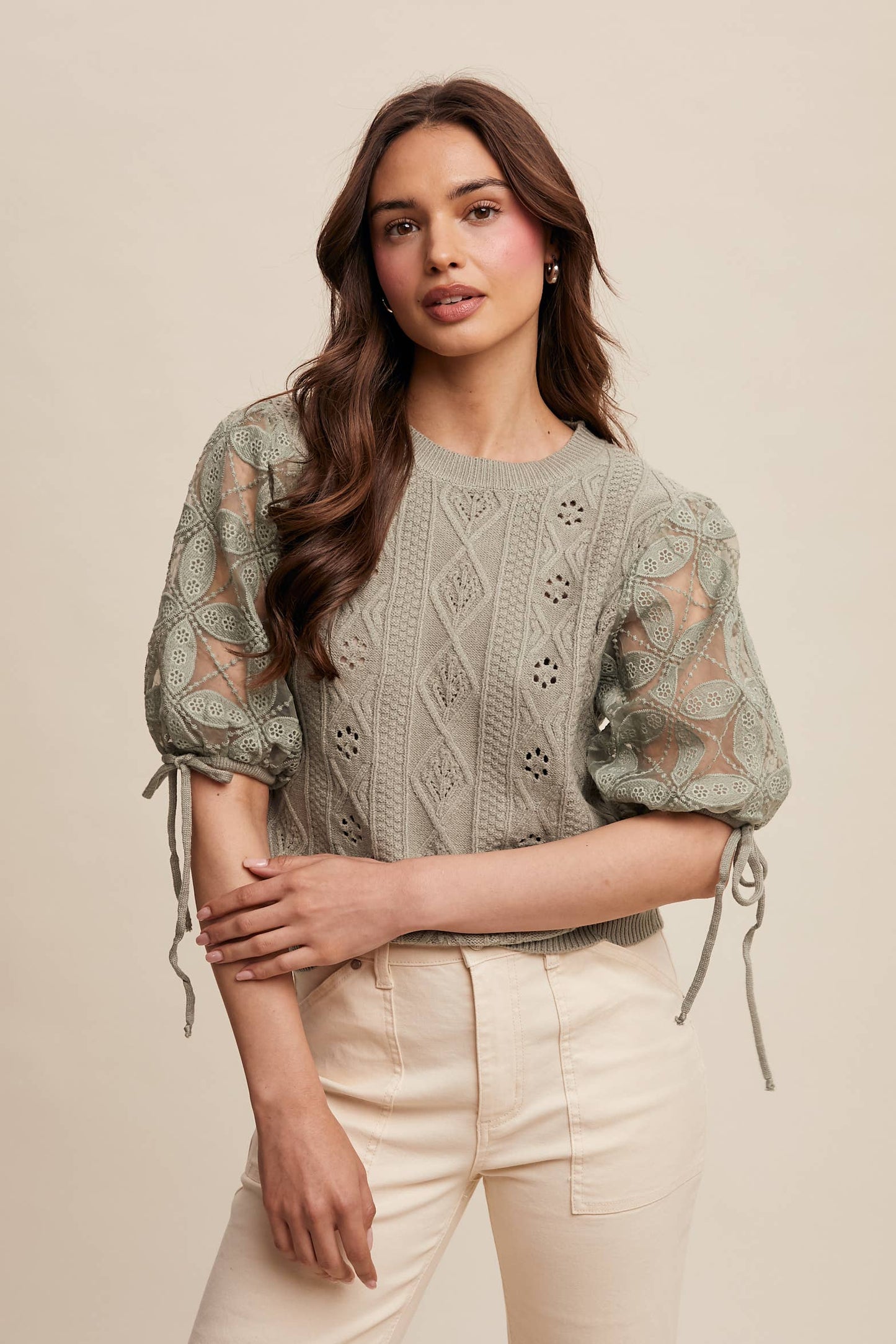 Eyelet Puff Sleeve Knit Sweater Top