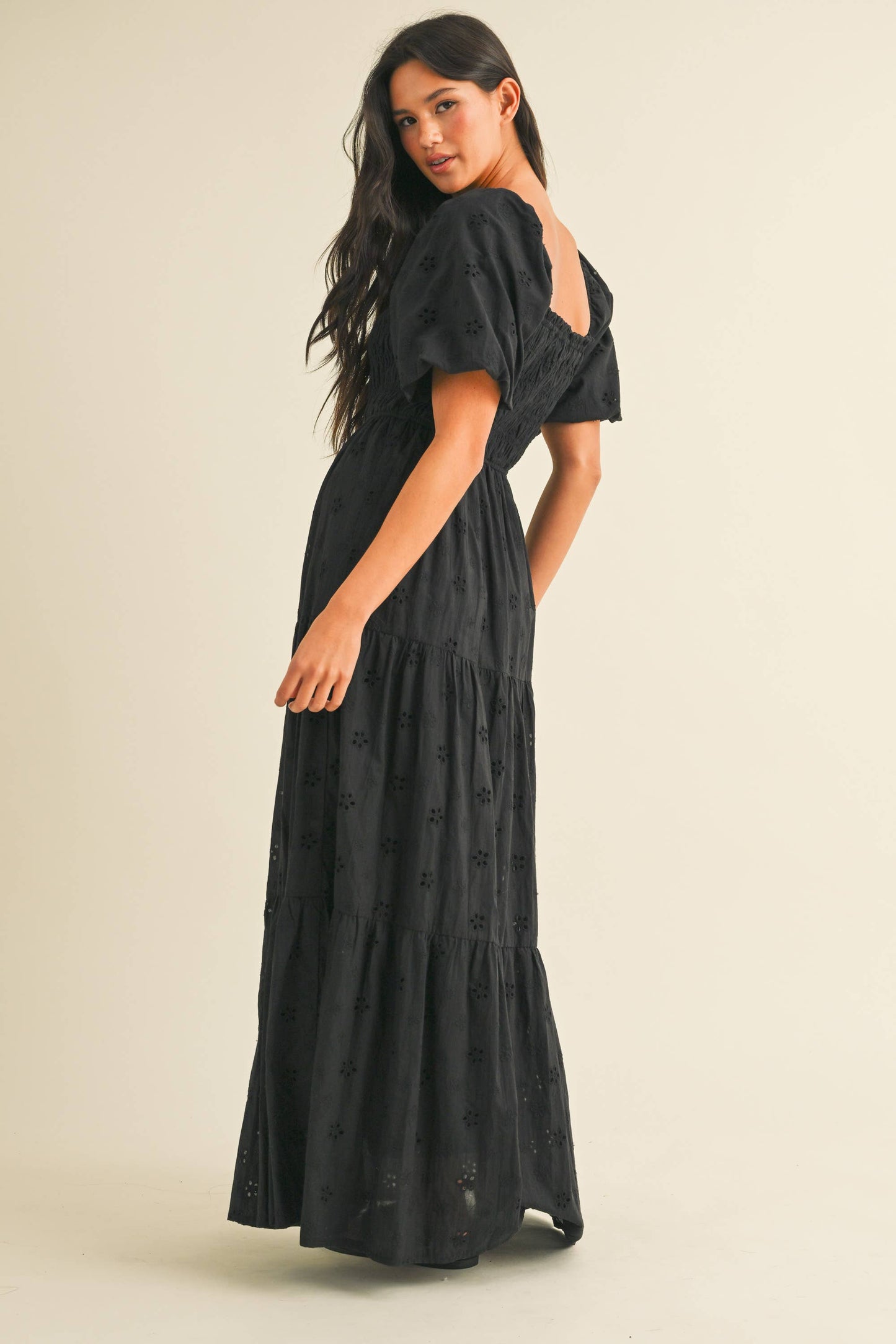 ID8852 EYELET PUFF SLEEVES MIDI DRESS WITH SMOCKING