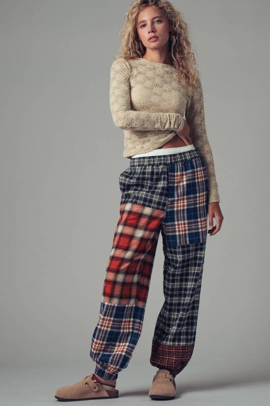 Mixed Plaid Patchwork Boho Jogger Pants