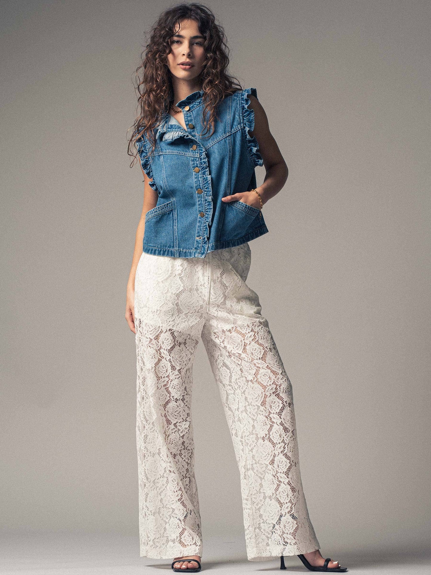 Victorian Ruffle Trim Denim Vest with High Collar