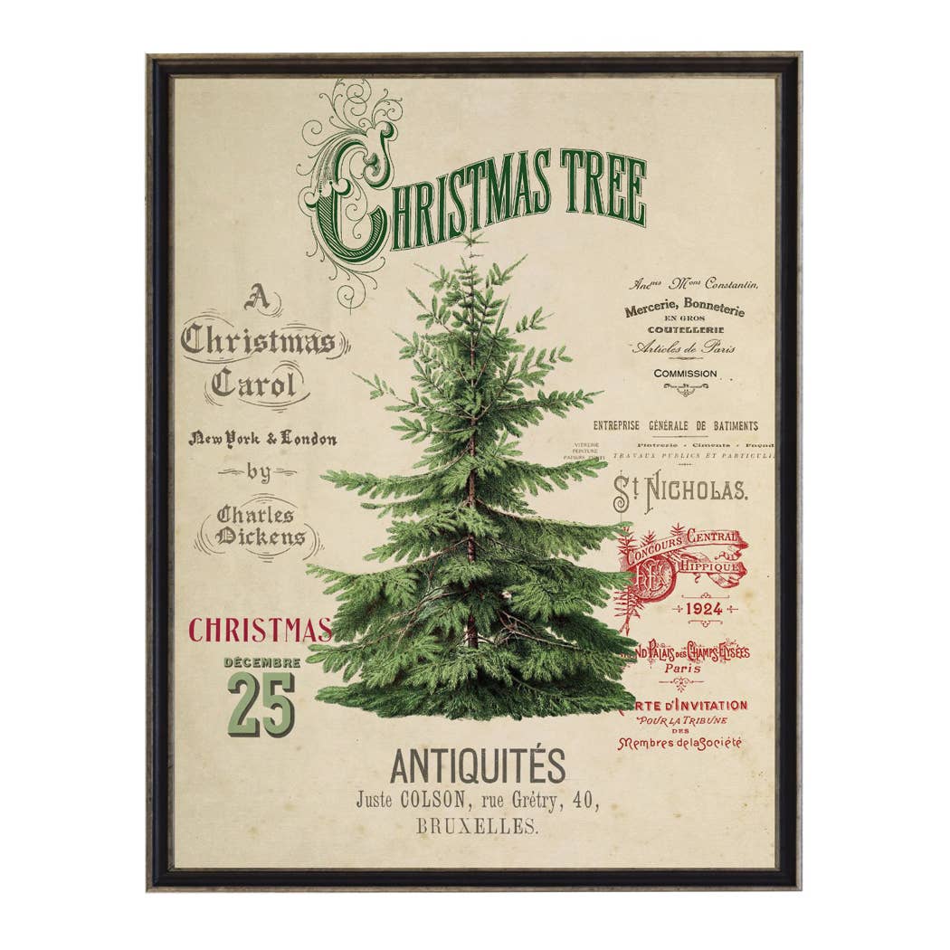 Painting of a christmas tree on a distressed bookplate