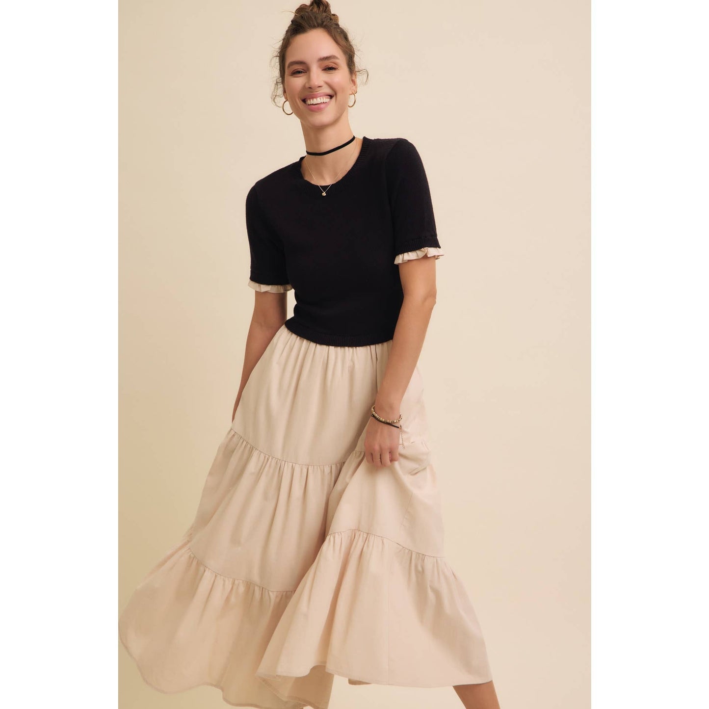 TIERED MIDI DRESS WITH SWEATER TOP AND WOVEN SKIRT