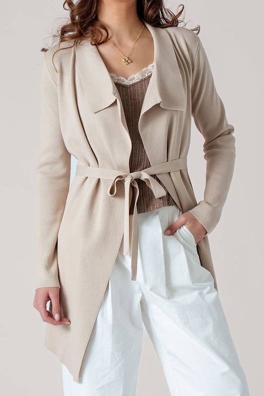 Draped Front Long Sleeve Waist Tie Cardigan