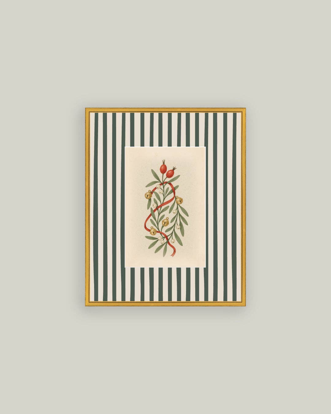 Holly Bells on Stripes Framed Antique Art