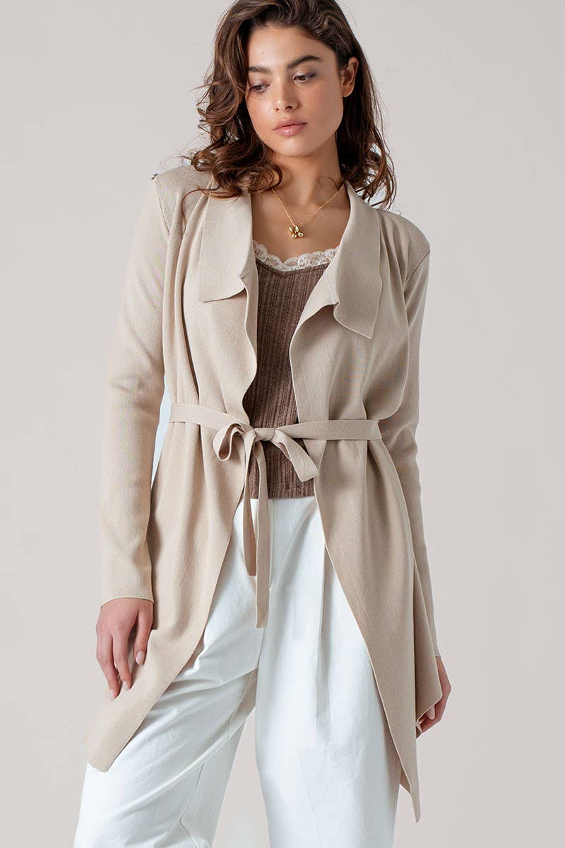 Draped Front Long Sleeve Waist Tie Cardigan