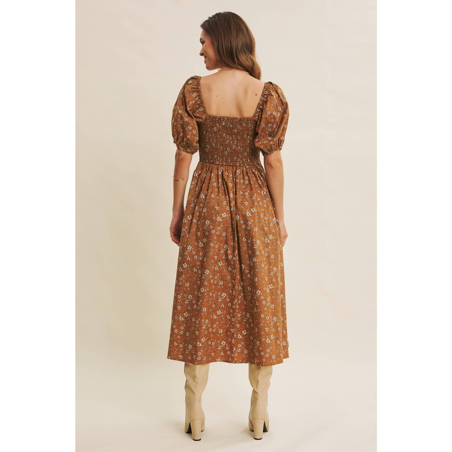 GOLDEN HOUR FLORAL PUFF SLEEVE MIDI DRESS WITH SMOCKED BACK