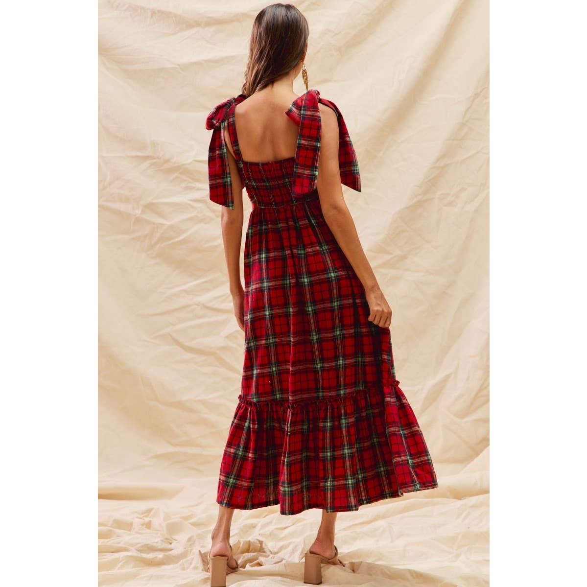 Christmas Check Plaid Woven Holiday Midi Dress
