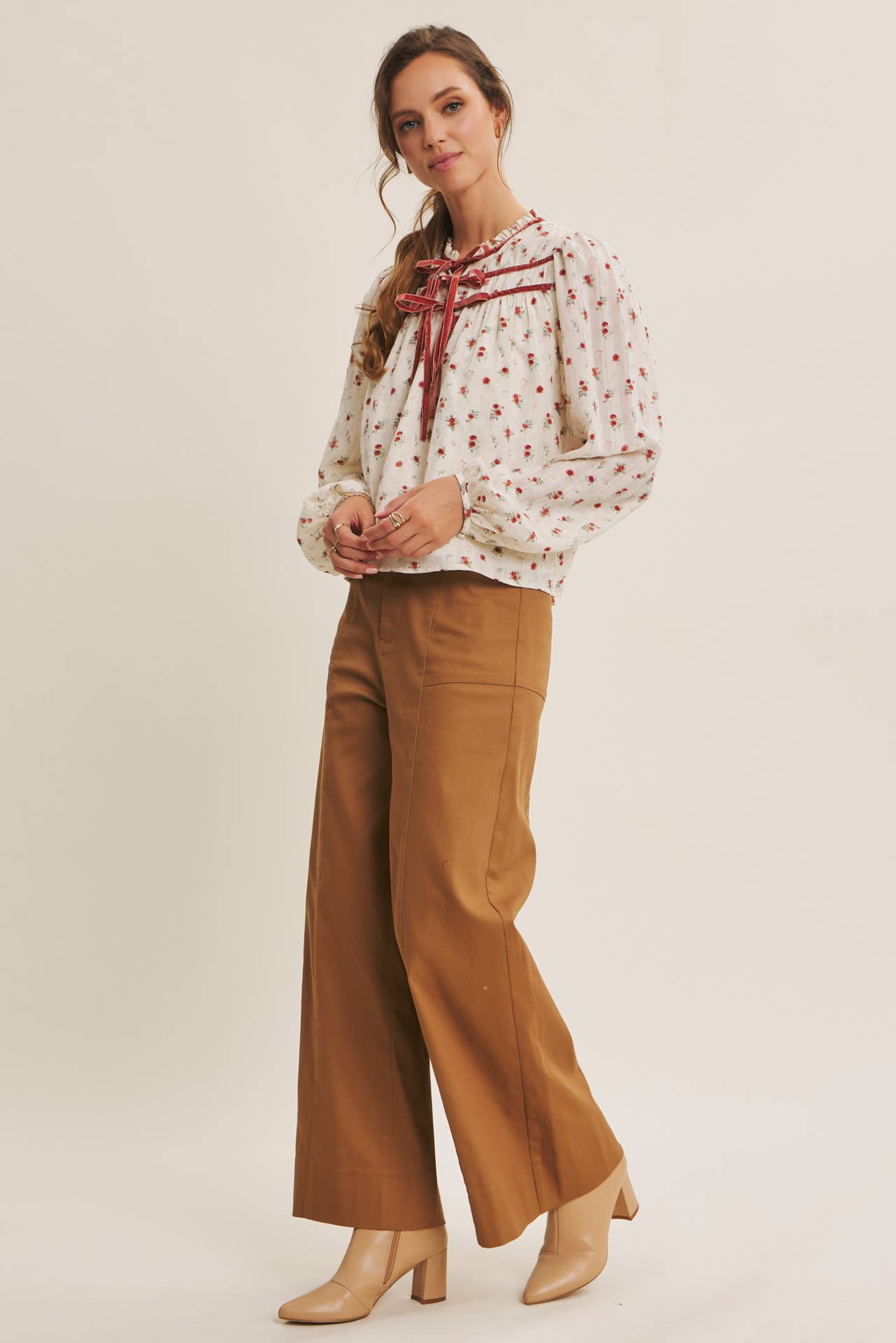 BREEZY FALL DAYS VELVET FLORAL BLOUSE WITH DELICATE RUFFLES