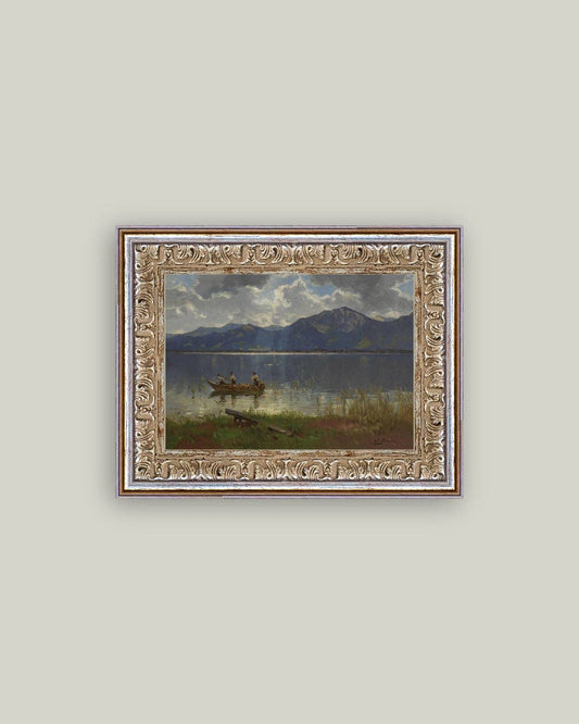 Fishermen on Lake Framed Antique Art