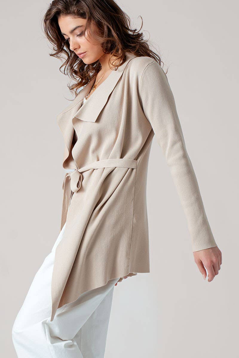 Draped Front Long Sleeve Waist Tie Cardigan