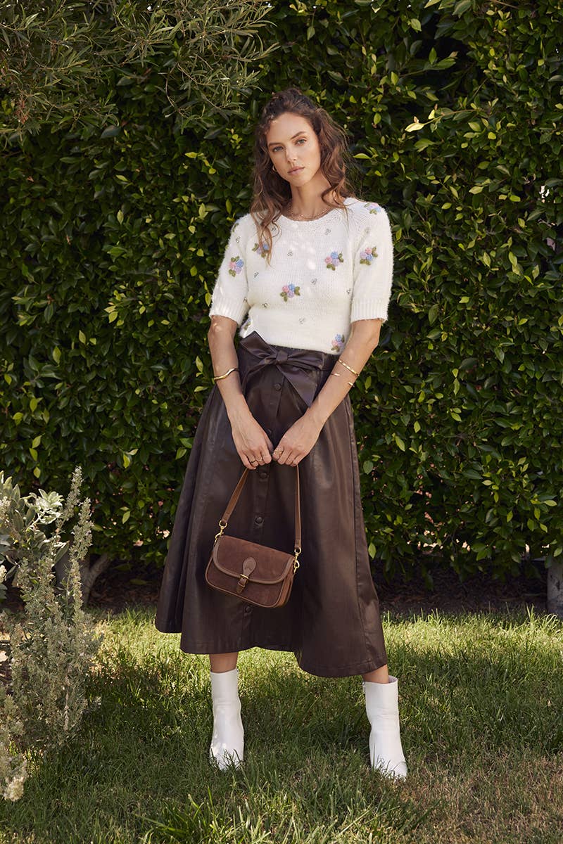 SOPHISTICATED VEGAN FAUX LEATHER BELTED MIDI SKIRT