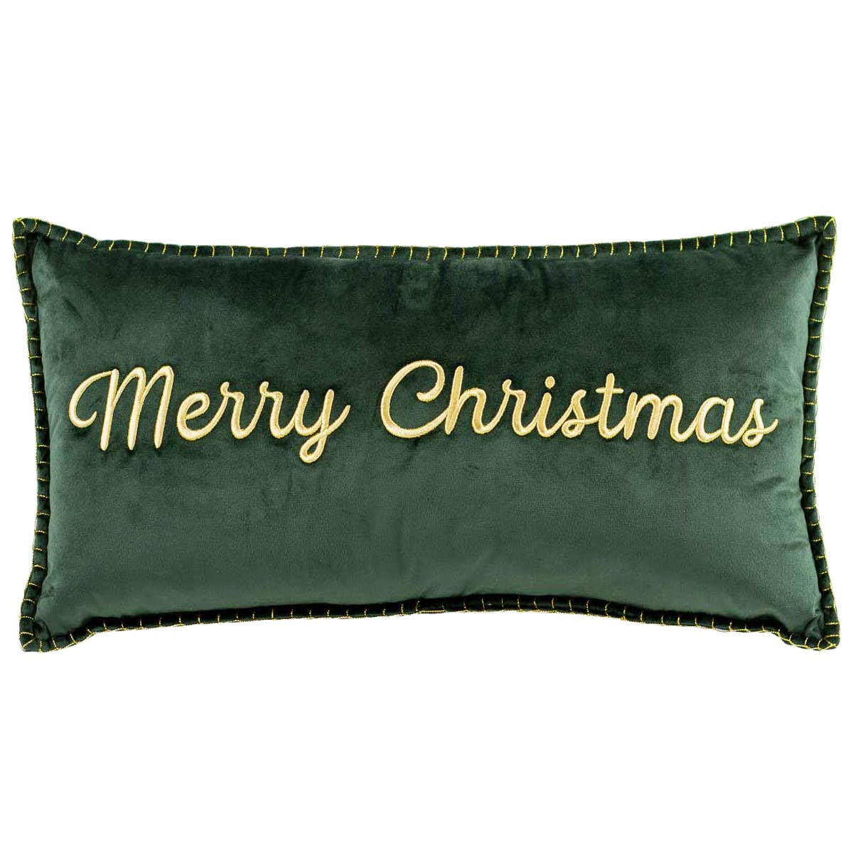 Merry Christmas Embroidered Pillow Dark Green/Gold 13x24