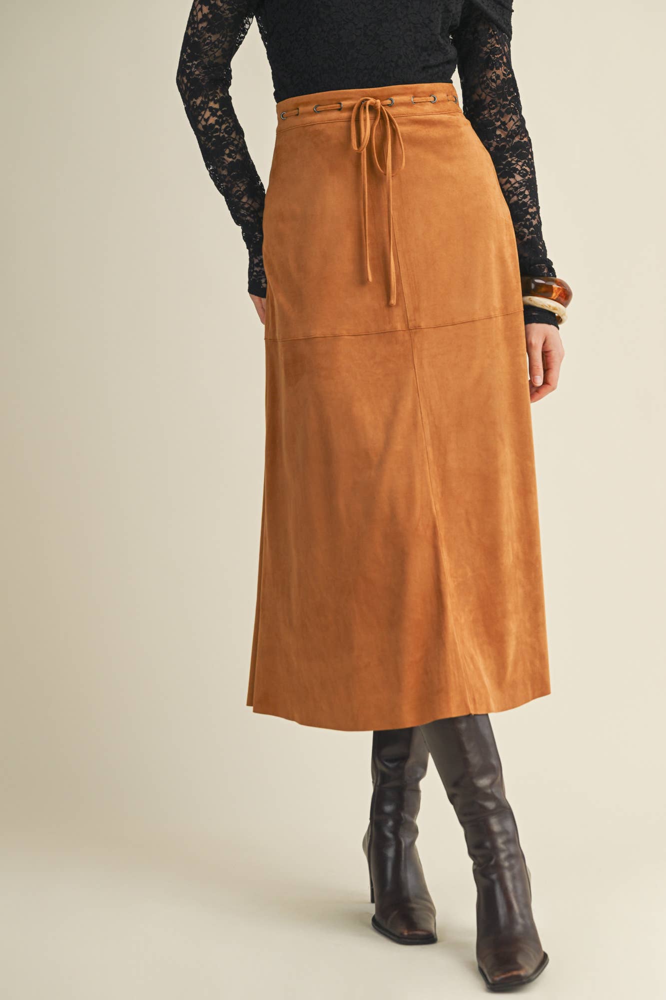 DRAWSTRING SUEDE A-LINE SKIRT