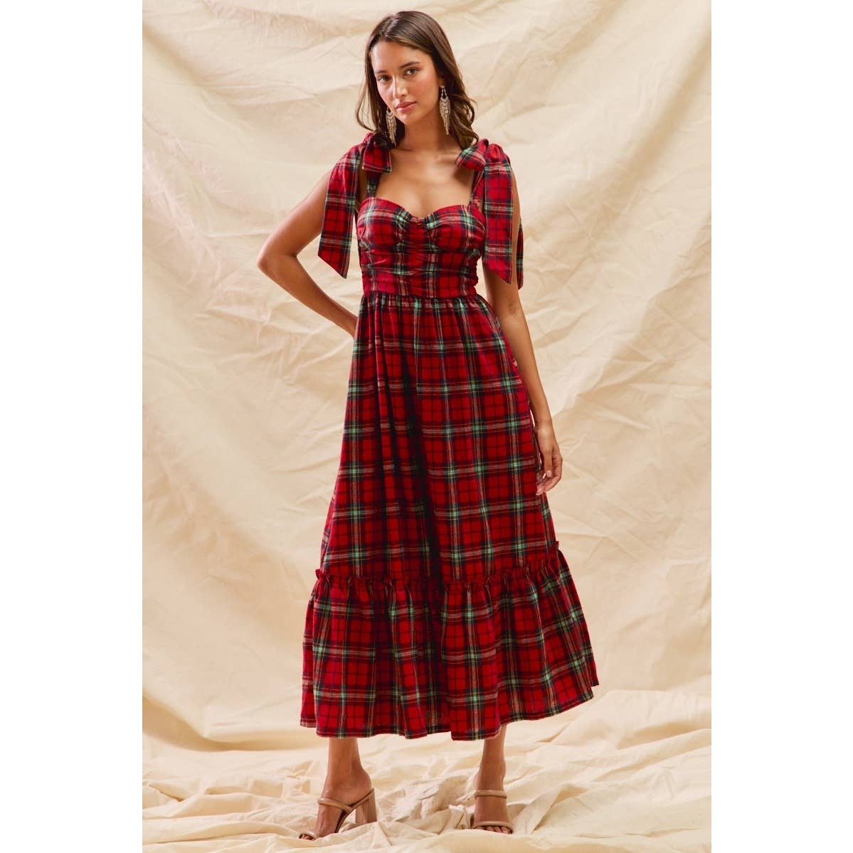 Christmas Check Plaid Woven Holiday Midi Dress