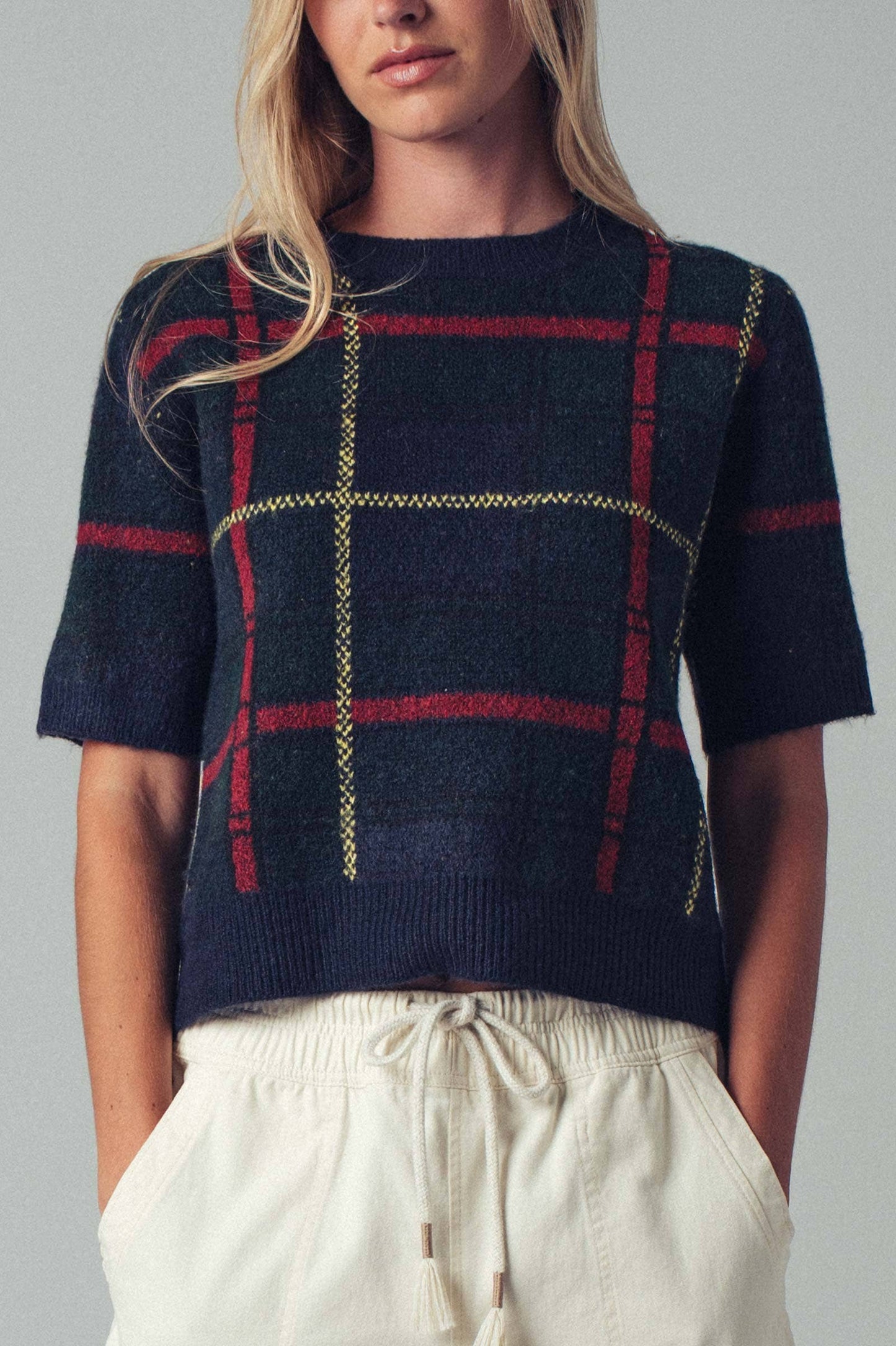 Plaid Short Sleeve Knit Sweater Top